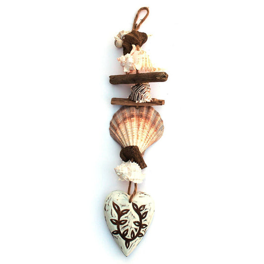 Nautical White Carved Heart Driftwood & Seashell Garland