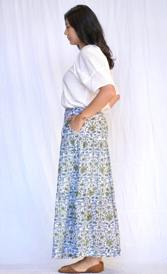 Block Printed Tiered Cotton Skirt-Teal Olive