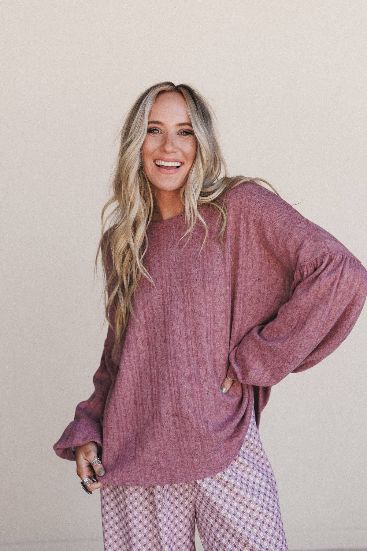 Sweet Heart Balloon Sleeve Knit Sweater - Mulberry