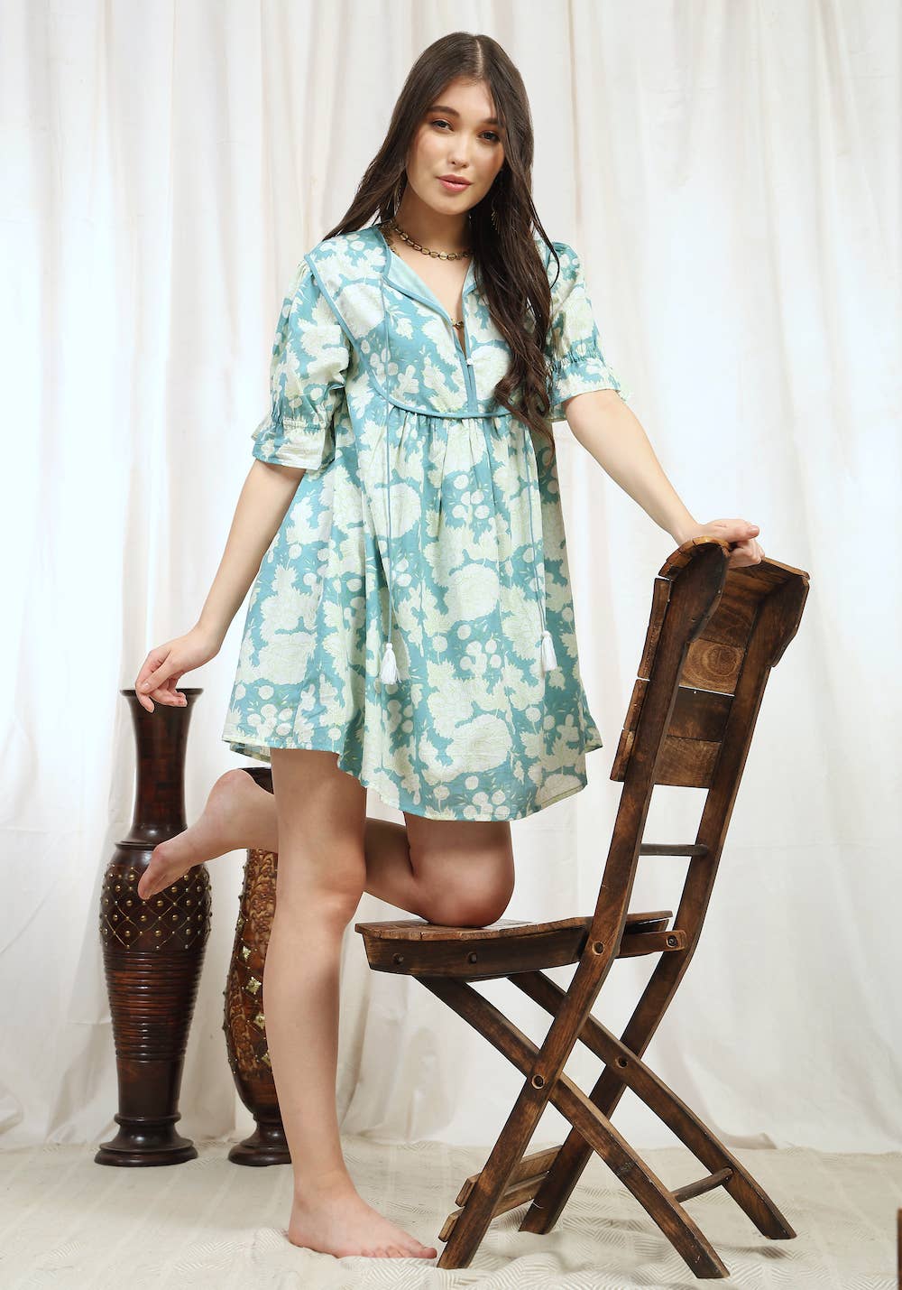 Block Printed Cotton Mini Dress with Puff Sleeves (Nanda)