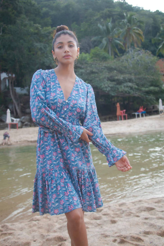 Block Printed Cotton Ruffle Sleeve Dress (Avni)