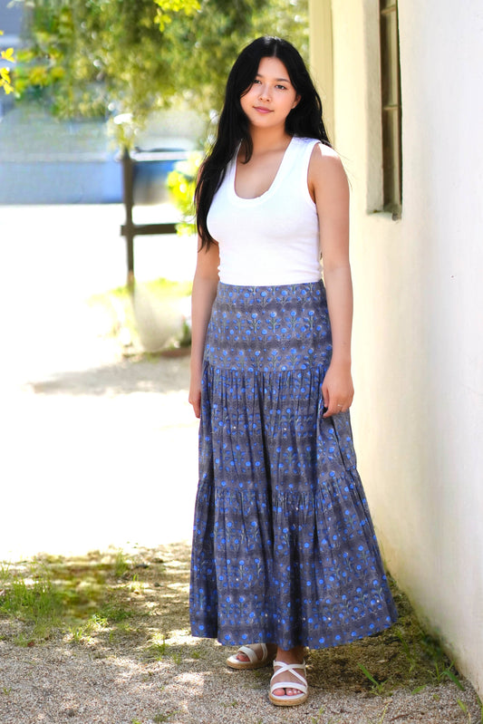 Block Printed Tiered Cotton Skirt- Grey Blue