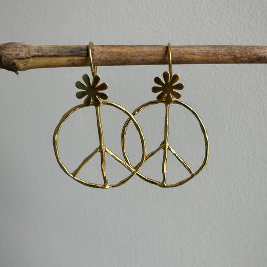 Peace Symbol Earrings|Flower Child Jewelry|Golden Earrings