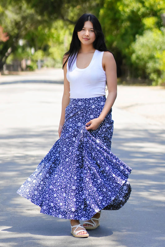 Block Printed Cotton Tiered Skirt-Black White
