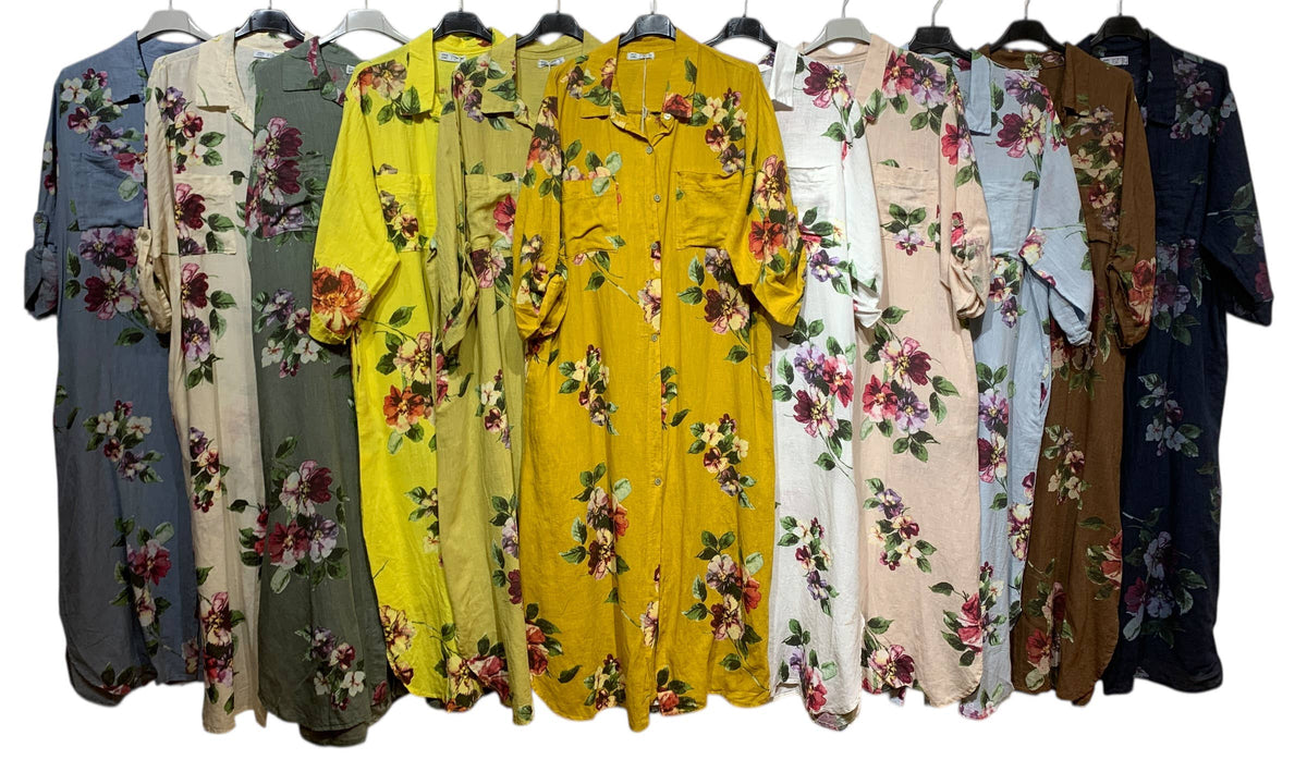 05262A long linen shirt dress with a floral pattern