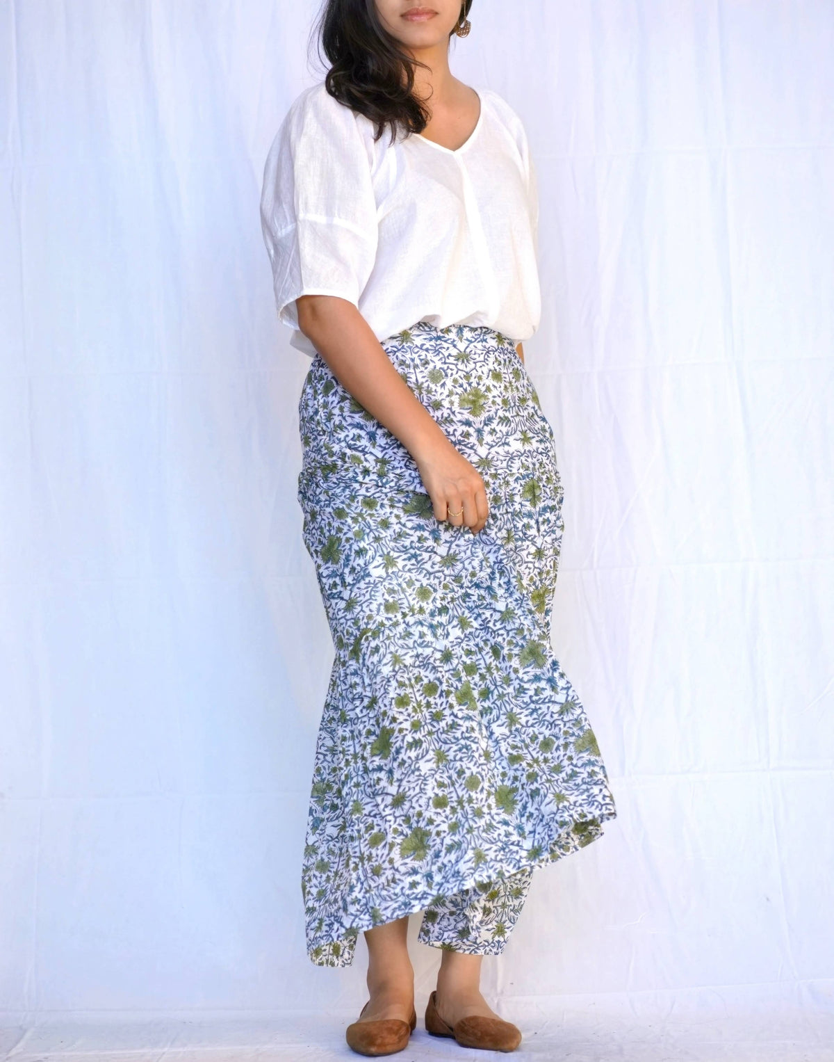 Block Printed Tiered Cotton Skirt-Teal Olive