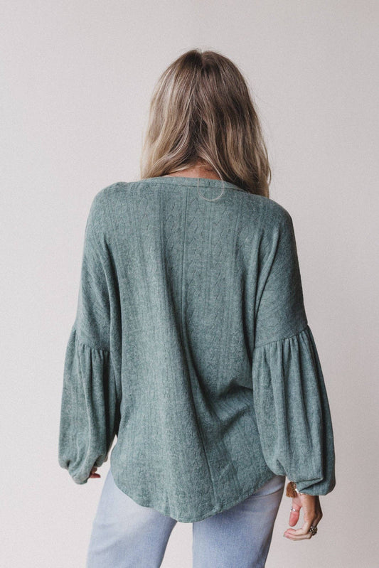 Sweet Heart Balloon Sleeve Knit Sweater - Olive
