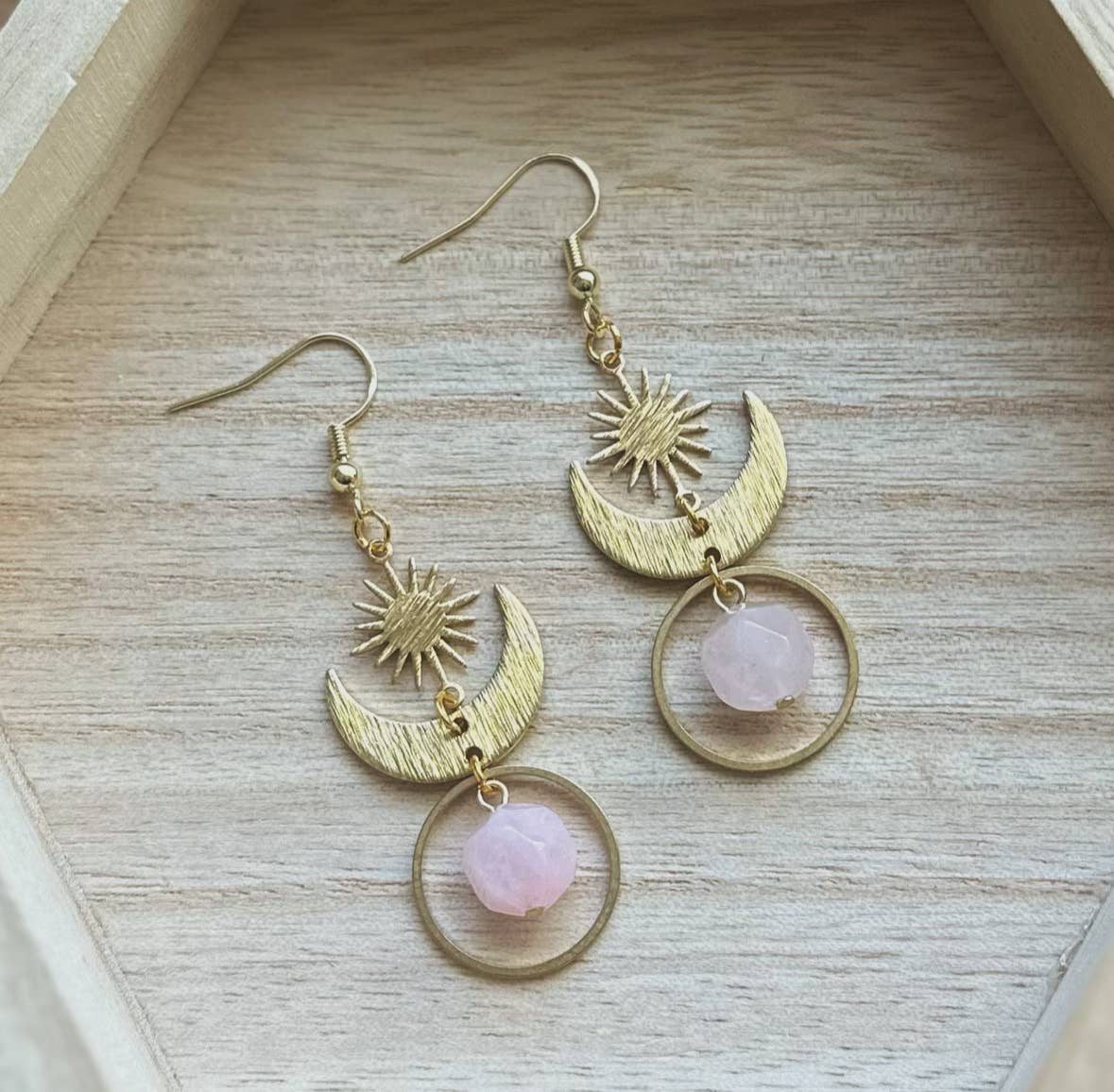 Rose Quartz Stone Crystal Starburst Dangle Earrings