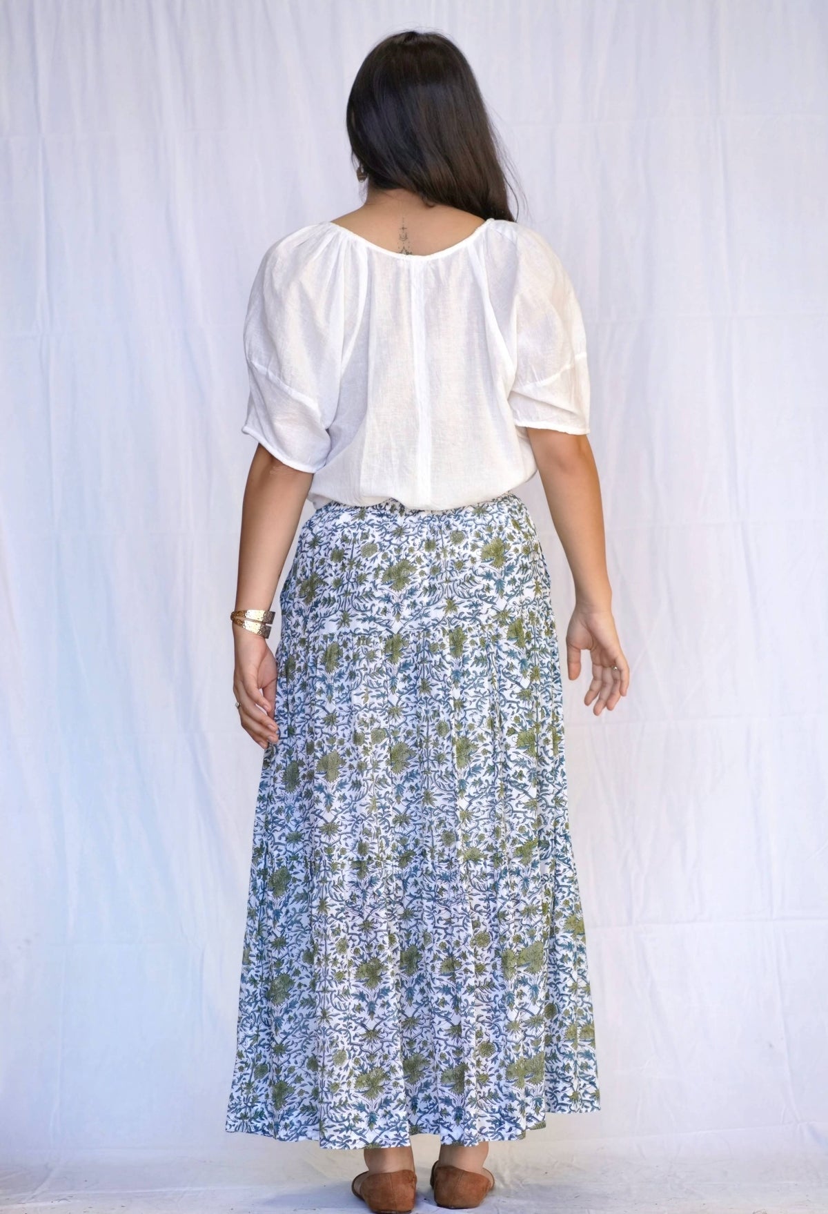 Block Printed Tiered Cotton Skirt-Teal Olive
