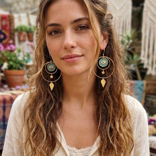 Gold Hammered Brass & Evil Eye Statement Earrings | Celestial Boho Jewelry