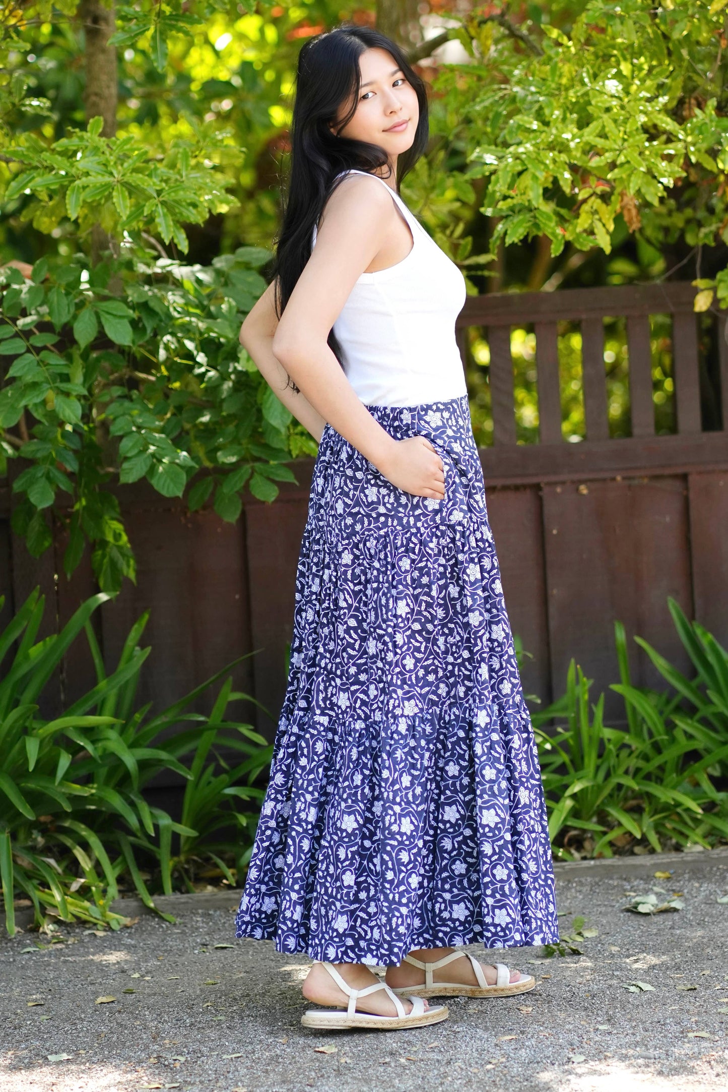 Block Printed Cotton Tiered Skirt-Black White 