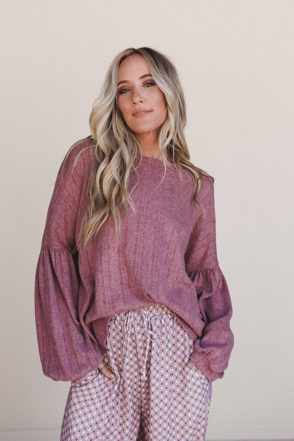 Sweet Heart Balloon Sleeve Knit Sweater - Mulberry