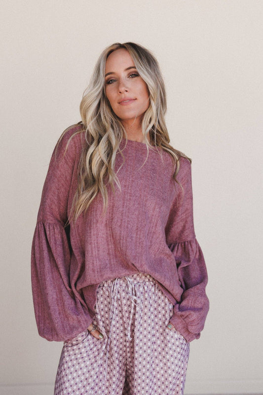 Sweet Heart Balloon Sleeve Knit Sweater - Mulberry