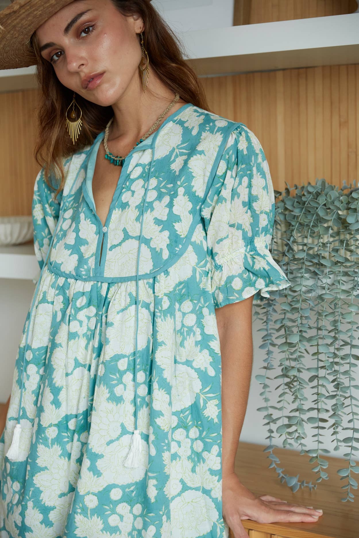 Block Printed Cotton Mini Dress with Puff Sleeves (Nanda)