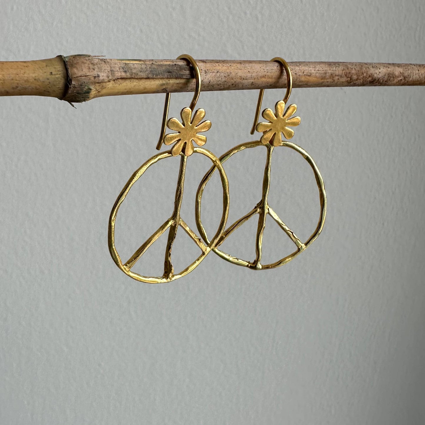 Peace Symbol Earrings|Flower Child Jewelry|Golden Earrings