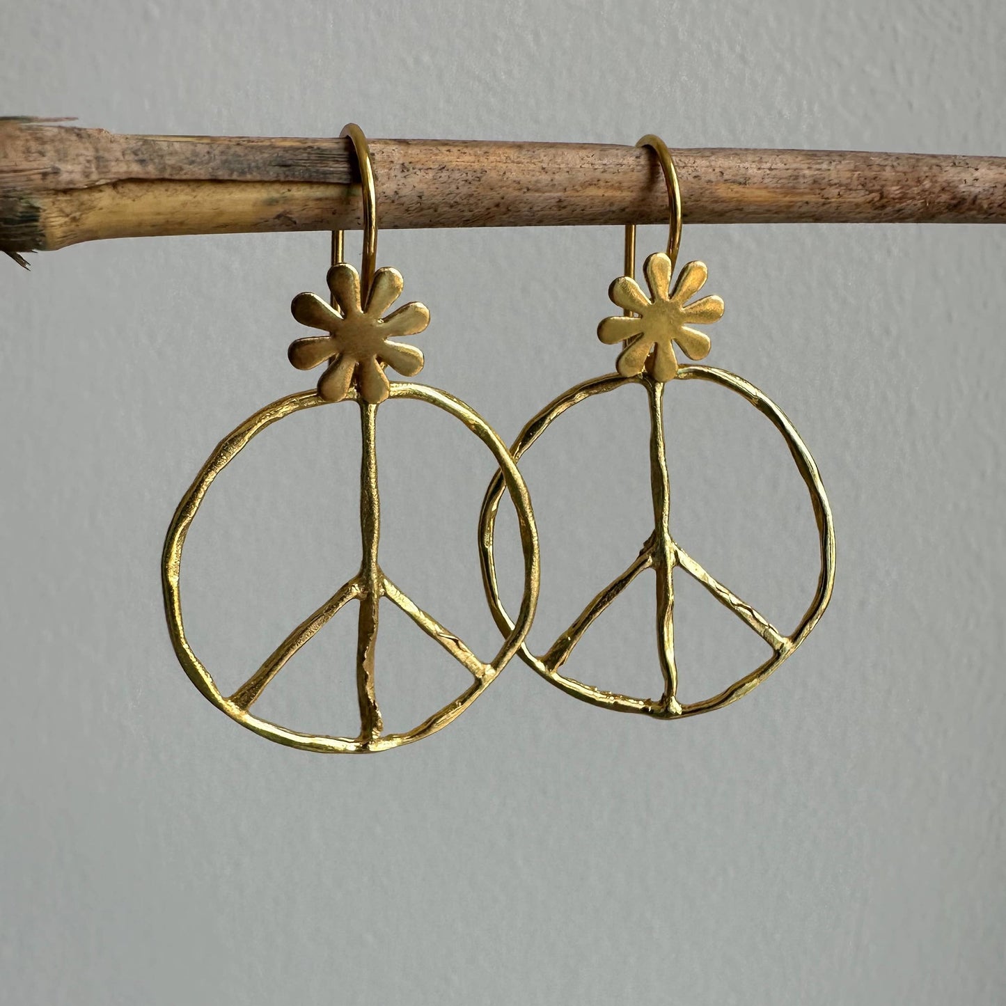 Peace Symbol Earrings|Flower Child Jewelry|Golden Earrings