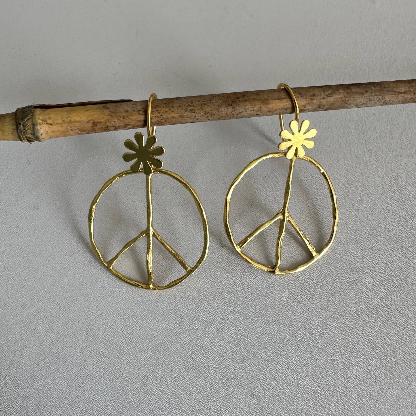 Peace Symbol Earrings|Flower Child Jewelry|Golden Earrings