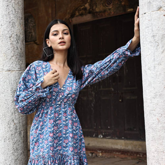 Block Printed Cotton Ruffle Sleeve Dress (Avni)