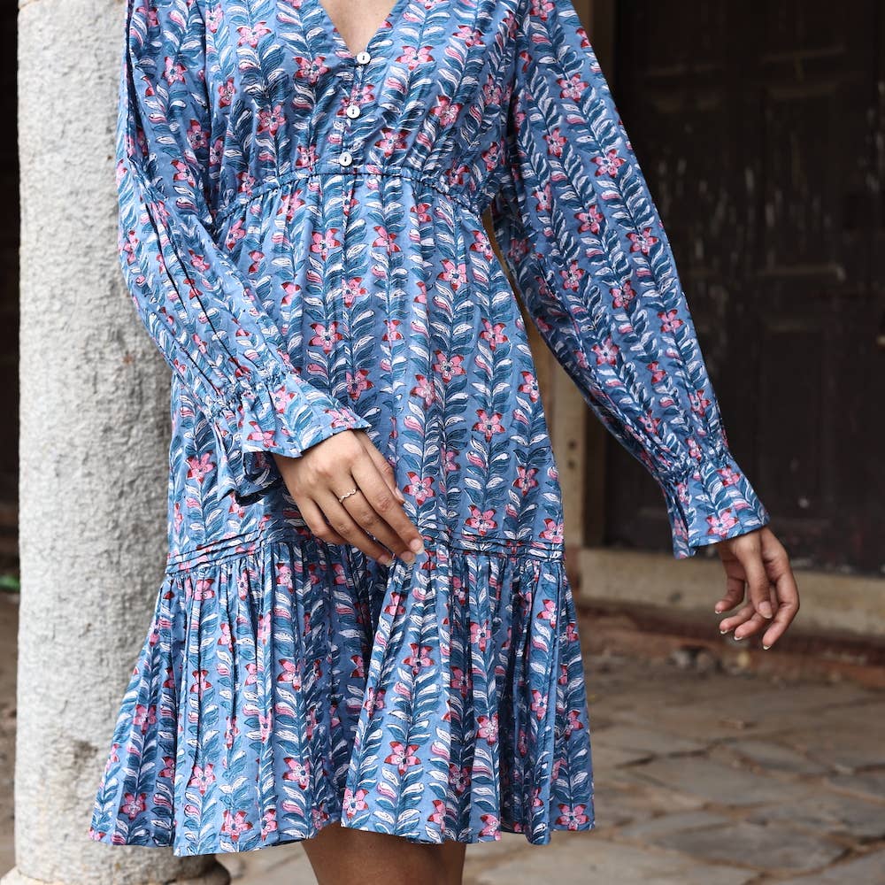 Block Printed Cotton Ruffle Sleeve Dress (Avni)