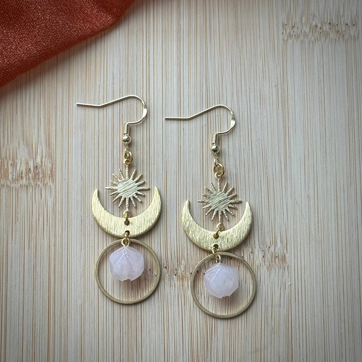 Rose Quartz Stone Crystal Starburst Dangle Earrings