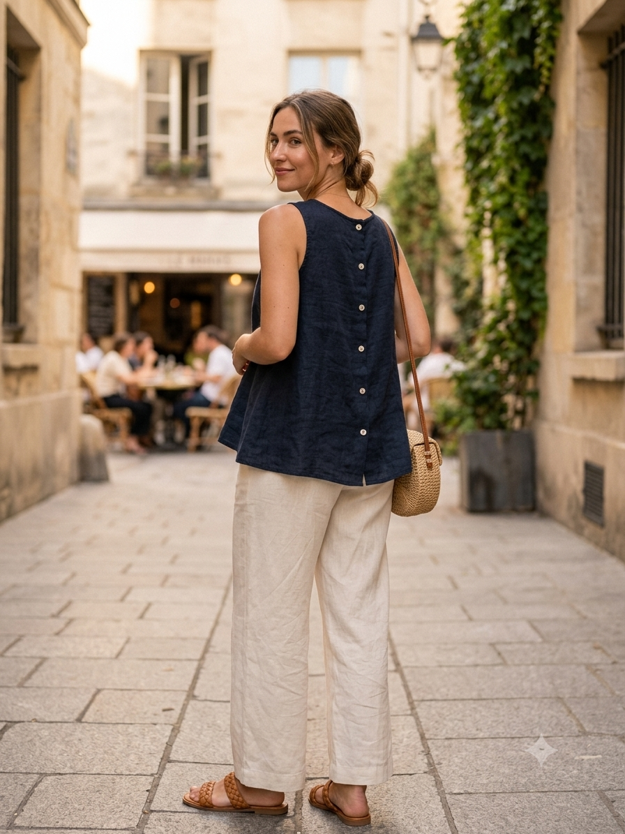9925B REVERSIBLE VEST OR TOP, IN LINEN WITH MOTHER-OF-PEARL BUTTONS: GRIS FONCE