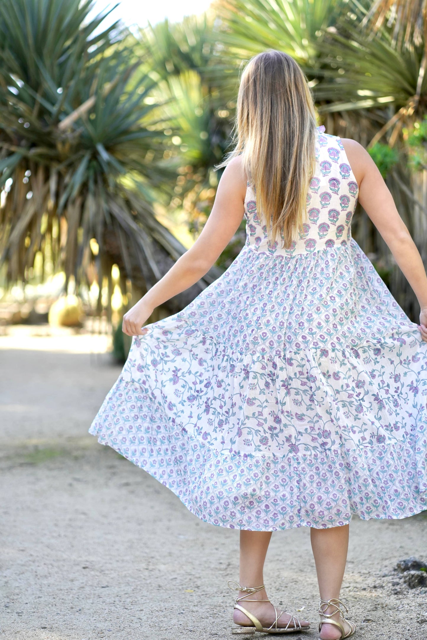 Nola Sleeveless Block Print Dress Lavender Teal