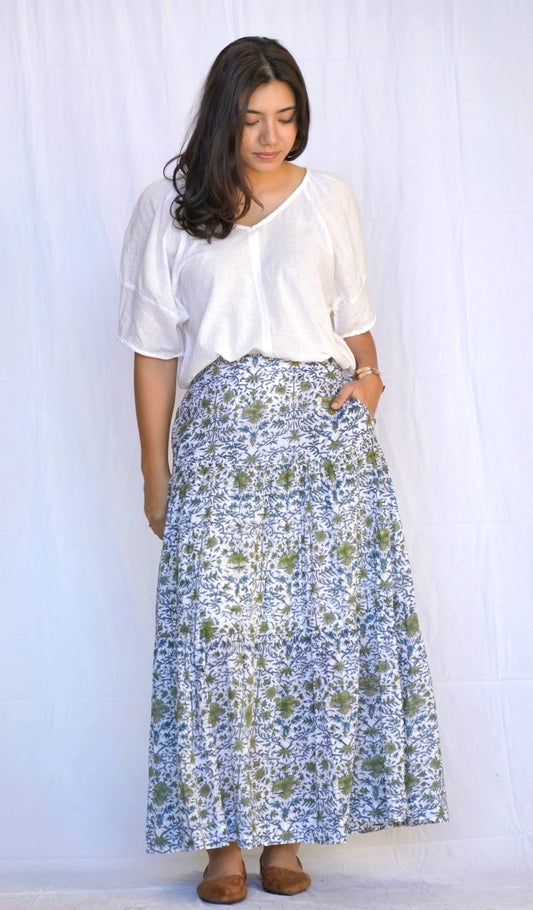 Block Printed Tiered Cotton Skirt-Teal Olive
