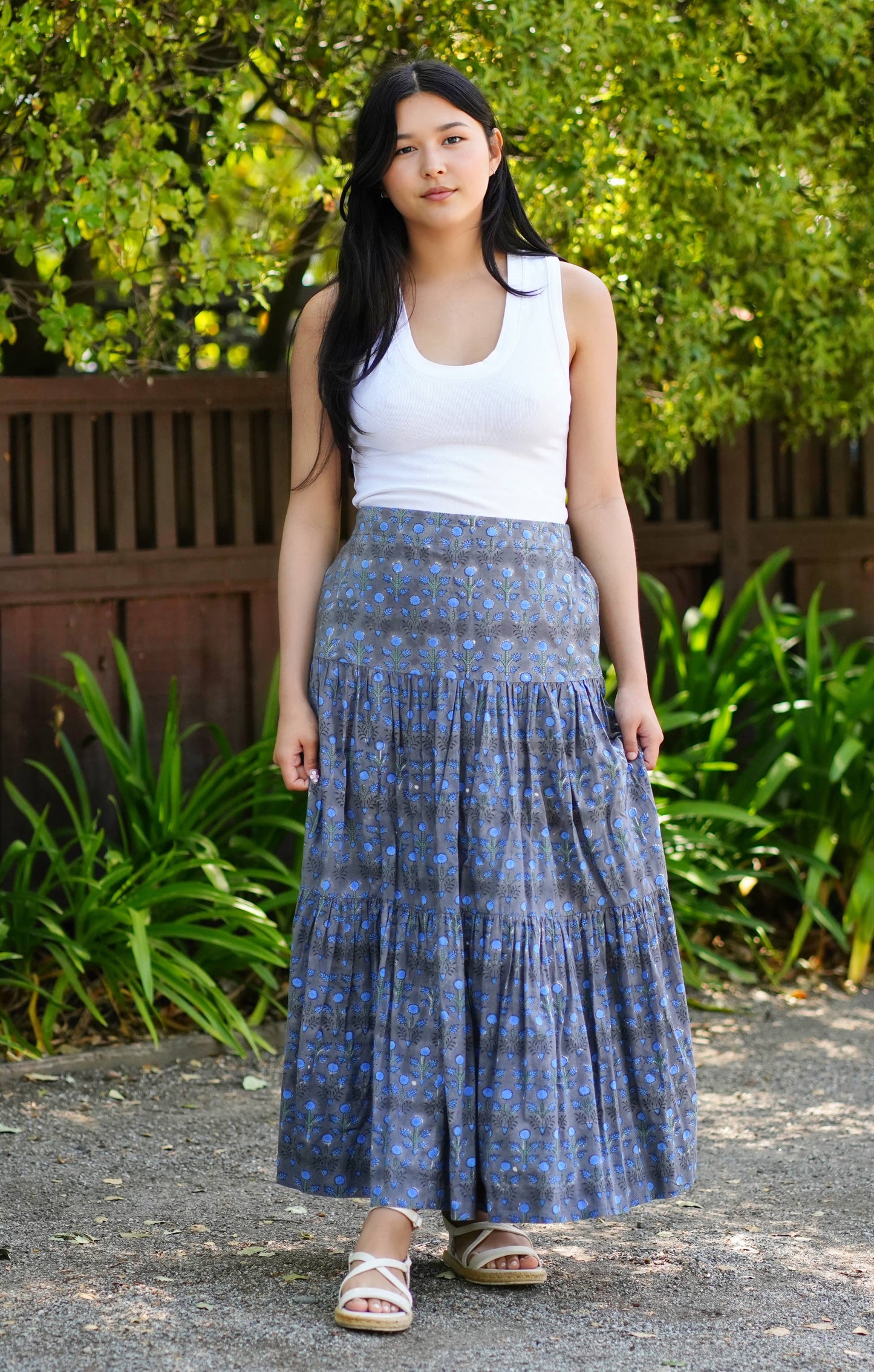 Block Printed Tiered Cotton Skirt- Grey Blue 