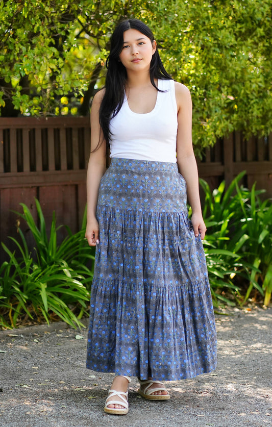 Block Printed Tiered Cotton Skirt- Grey Blue 