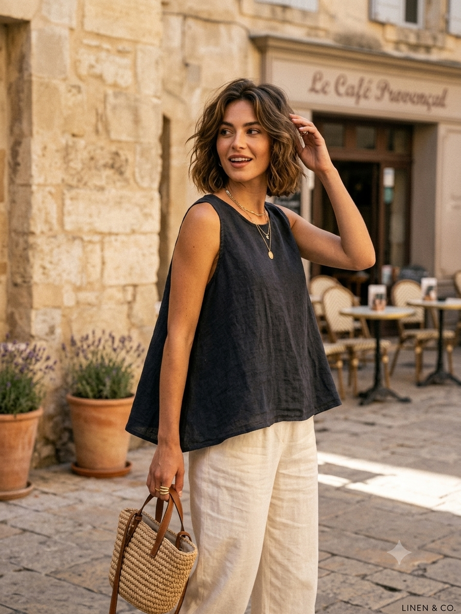 9925B REVERSIBLE VEST OR TOP, IN LINEN WITH MOTHER-OF-PEARL BUTTONS: GRIS FONCE