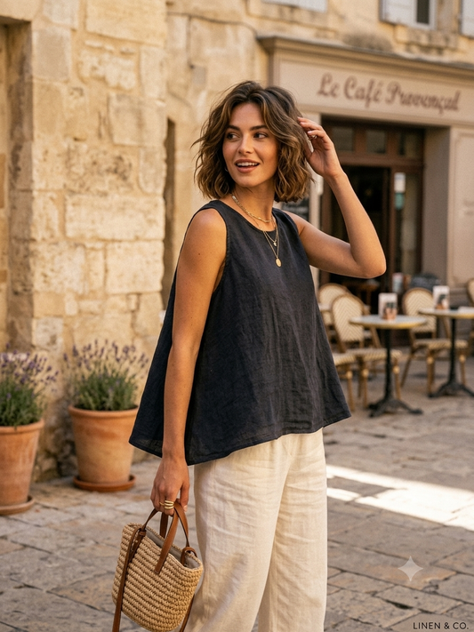 9925B REVERSIBLE VEST OR TOP, IN LINEN WITH MOTHER-OF-PEARL BUTTONS: GRIS FONCE