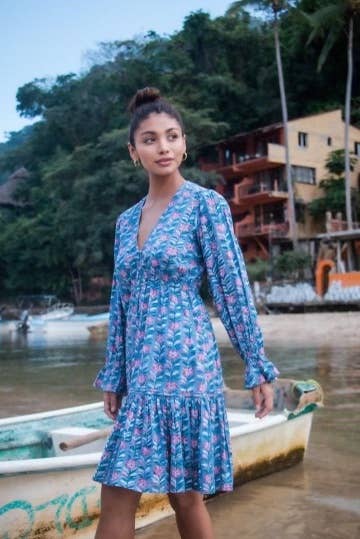 Block Printed Cotton Ruffle Sleeve Dress (Avni)