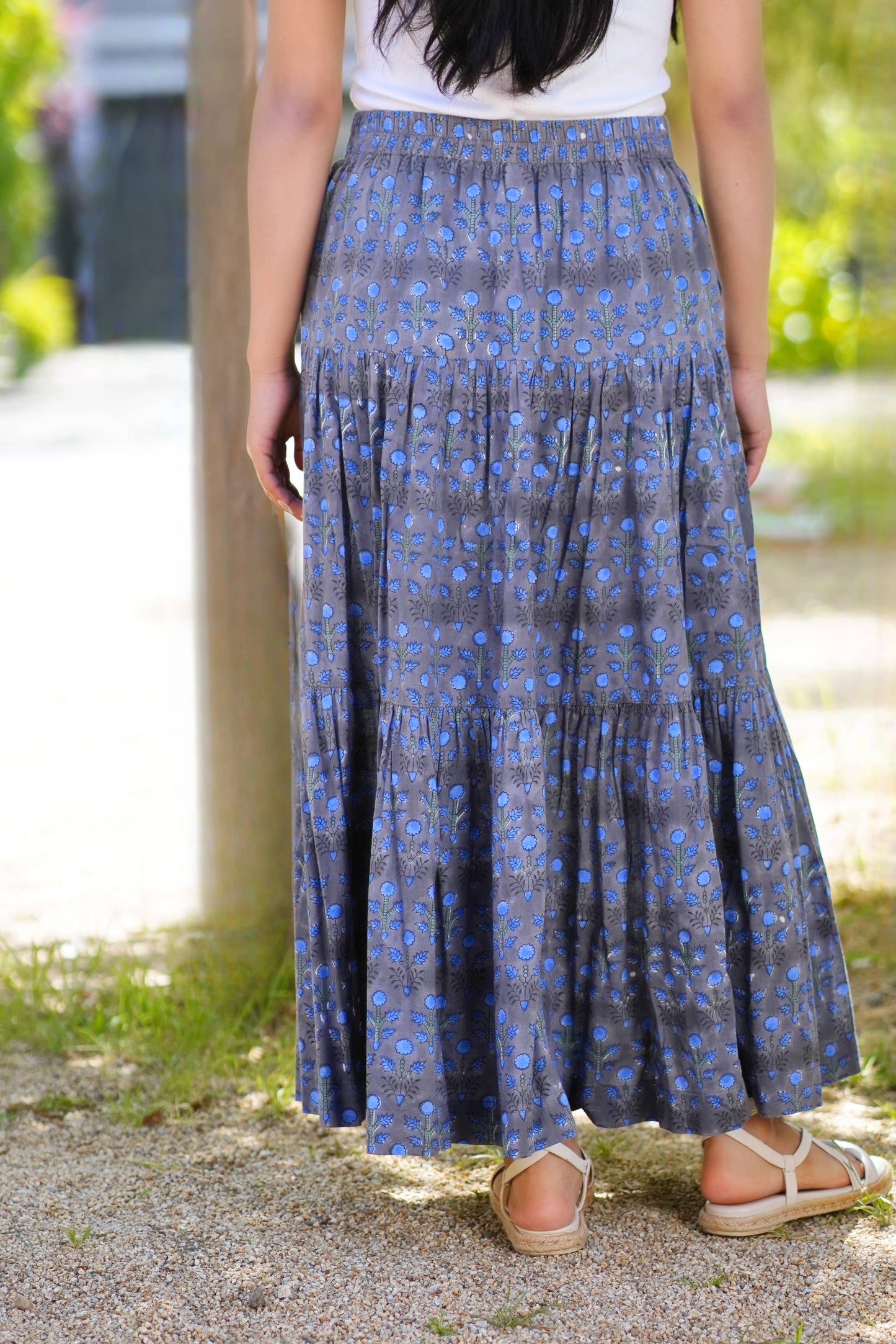 Block Printed Tiered Cotton Skirt- Grey Blue 