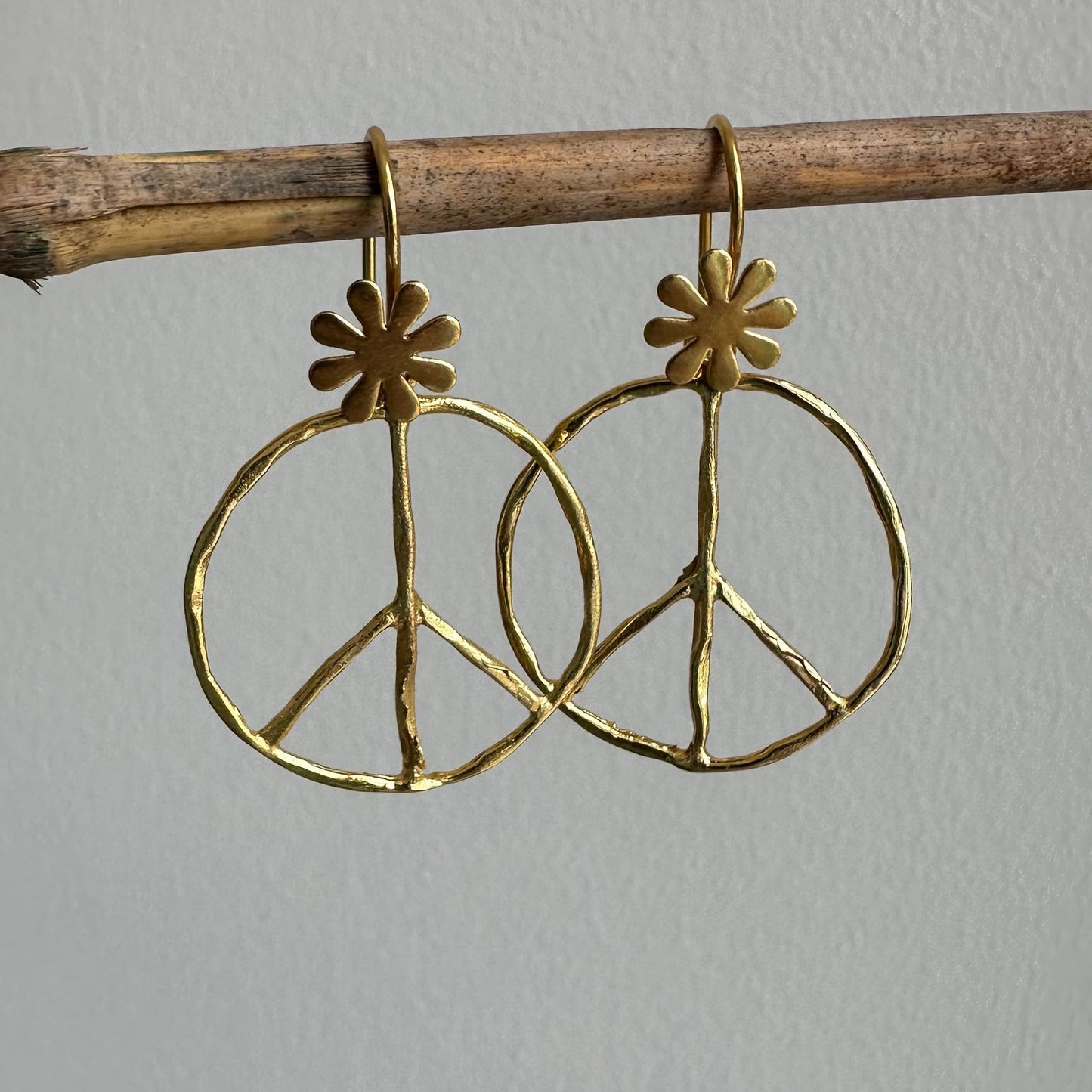 Peace Symbol Earrings|Flower Child Jewelry|Golden Earrings