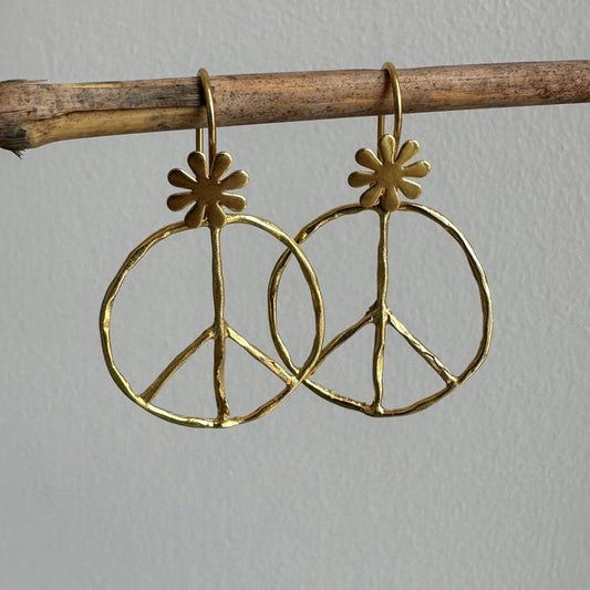 Peace Symbol Earrings|Flower Child Jewelry|Golden Earrings