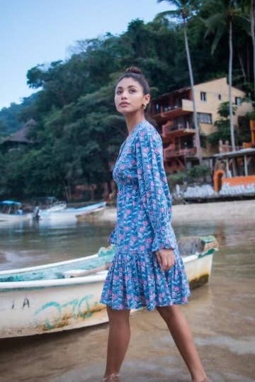 Block Printed Cotton Ruffle Sleeve Dress (Avni)