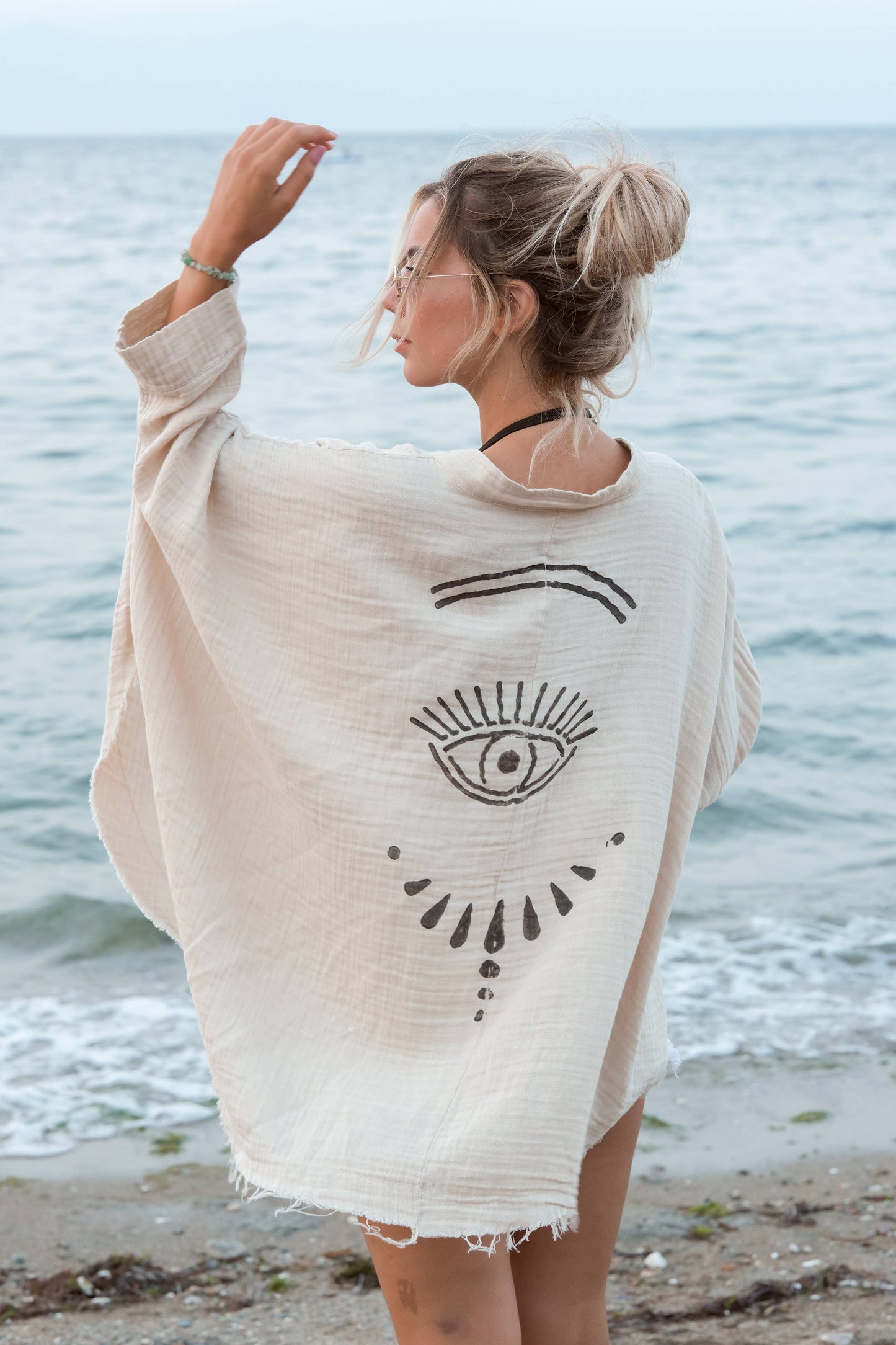 Green Evil Eye Muslin Kimono Robe / Poncho