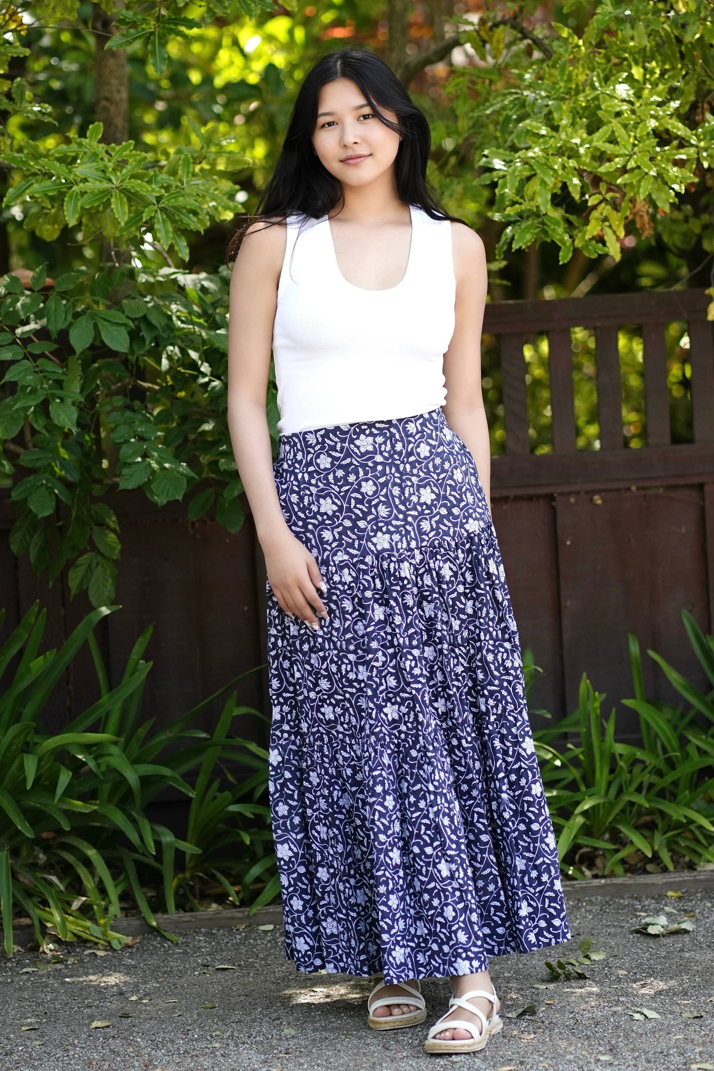 Block Printed Cotton Tiered Skirt-Black White 