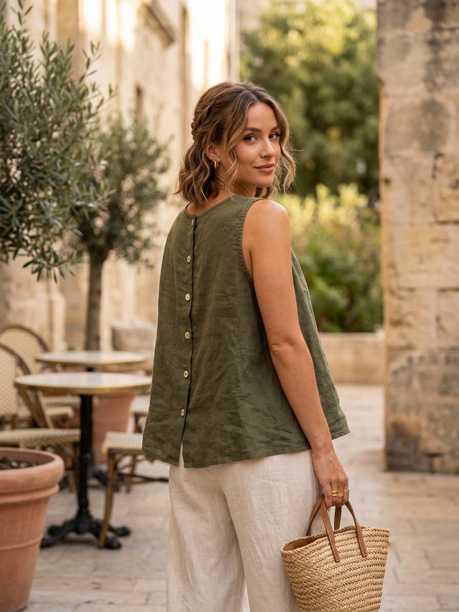 9925B REVERSIBLE VEST OR TOP, IN LINEN WITH MOTHER-OF-PEARL BUTTONS: GRIS FONCE