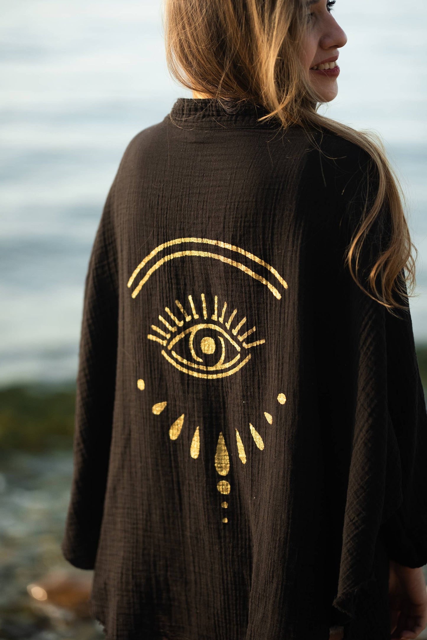 Green Evil Eye Muslin Kimono Robe / Poncho