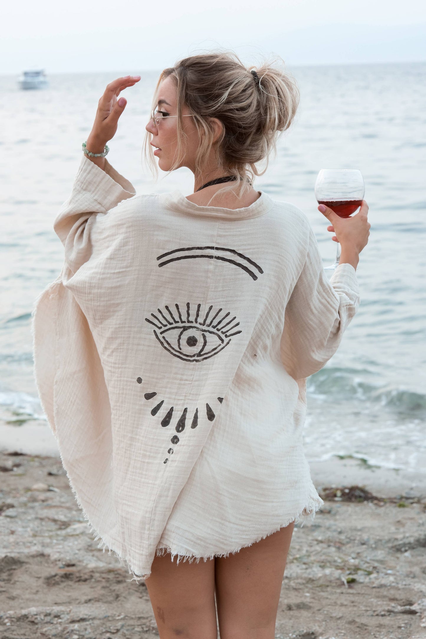 Green Evil Eye Muslin Kimono Robe / Poncho