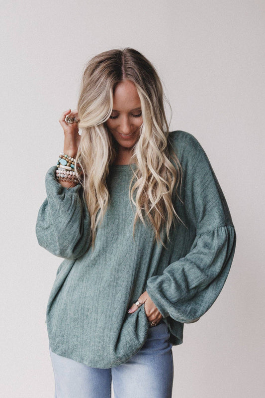 Sweet Heart Balloon Sleeve Knit Sweater - Olive