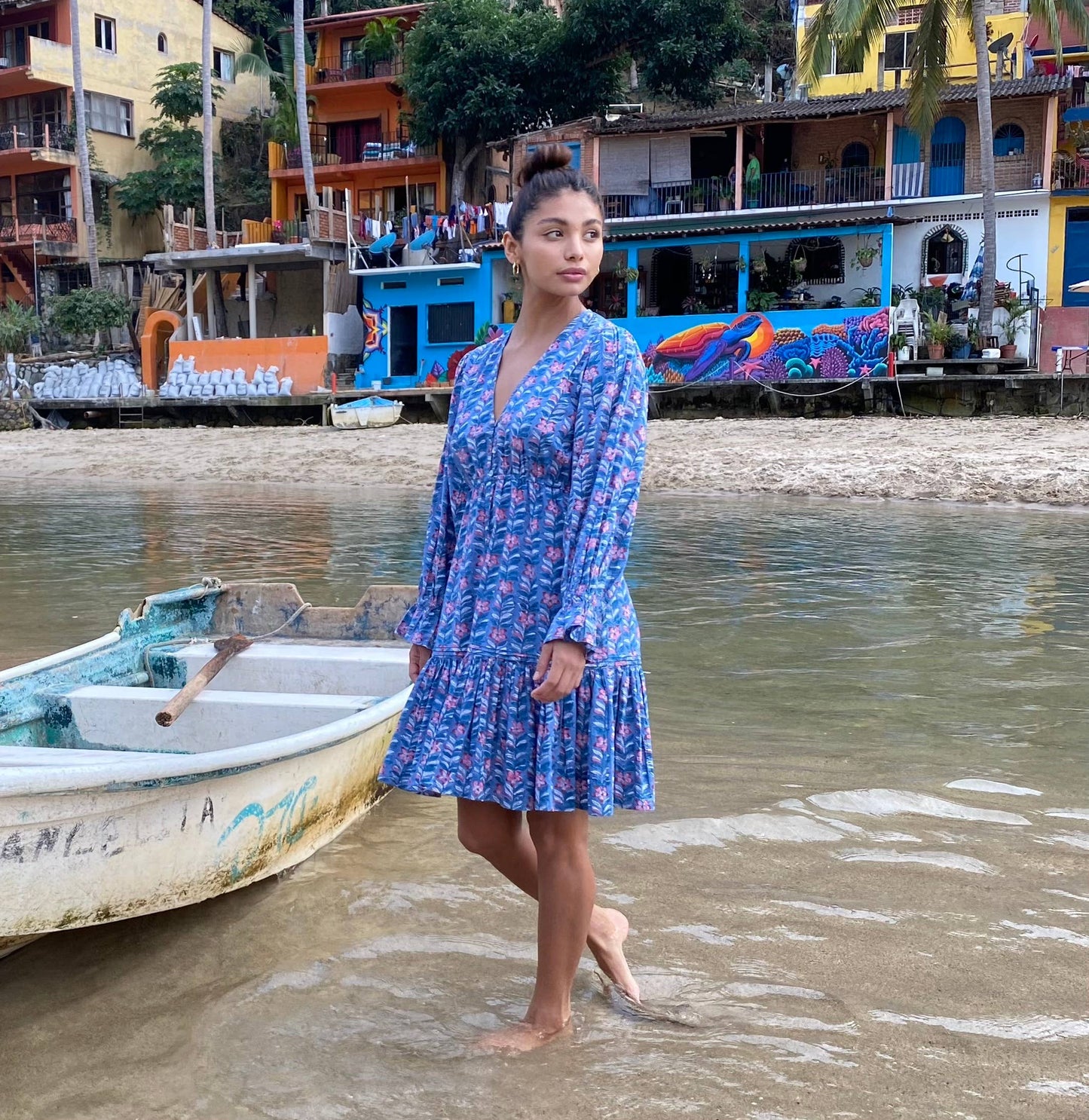 Block Printed Cotton Ruffle Sleeve Dress (Avni)