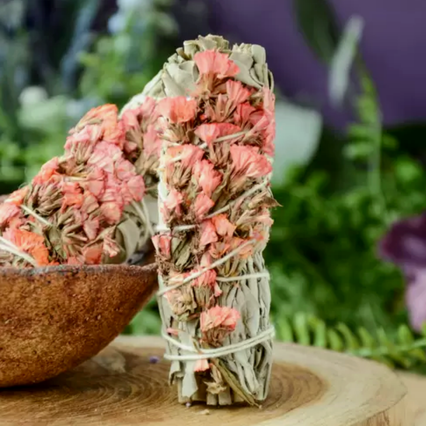 Love Intention Smudge Stick - Natural Sage - Pink Flowers