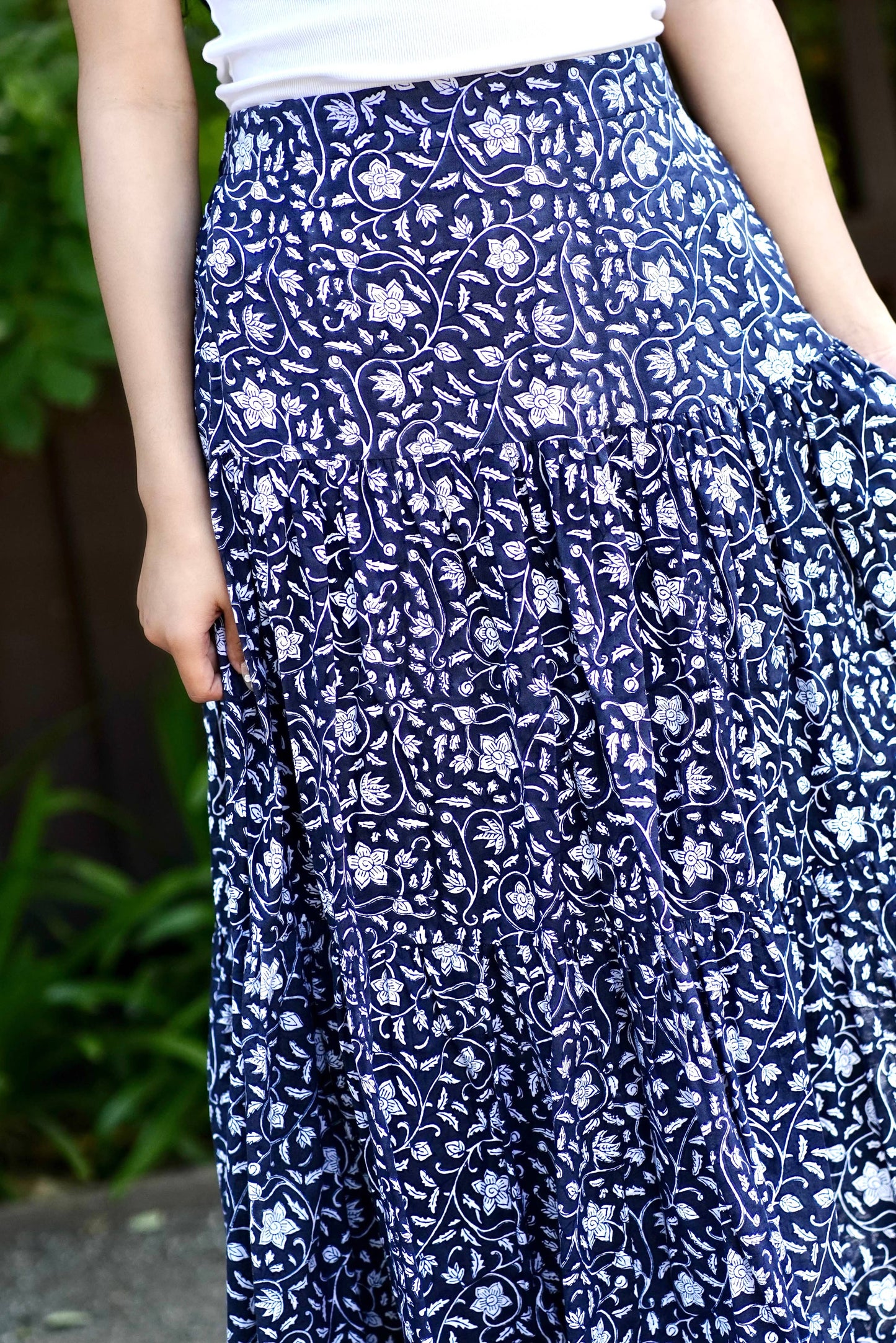 Block Printed Cotton Tiered Skirt-Black White 