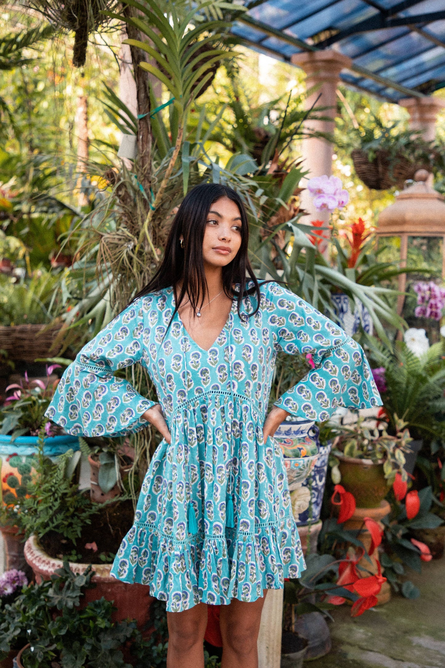 Block Printed Flared Sleeve Mini-Dress with Lace (Manah)
