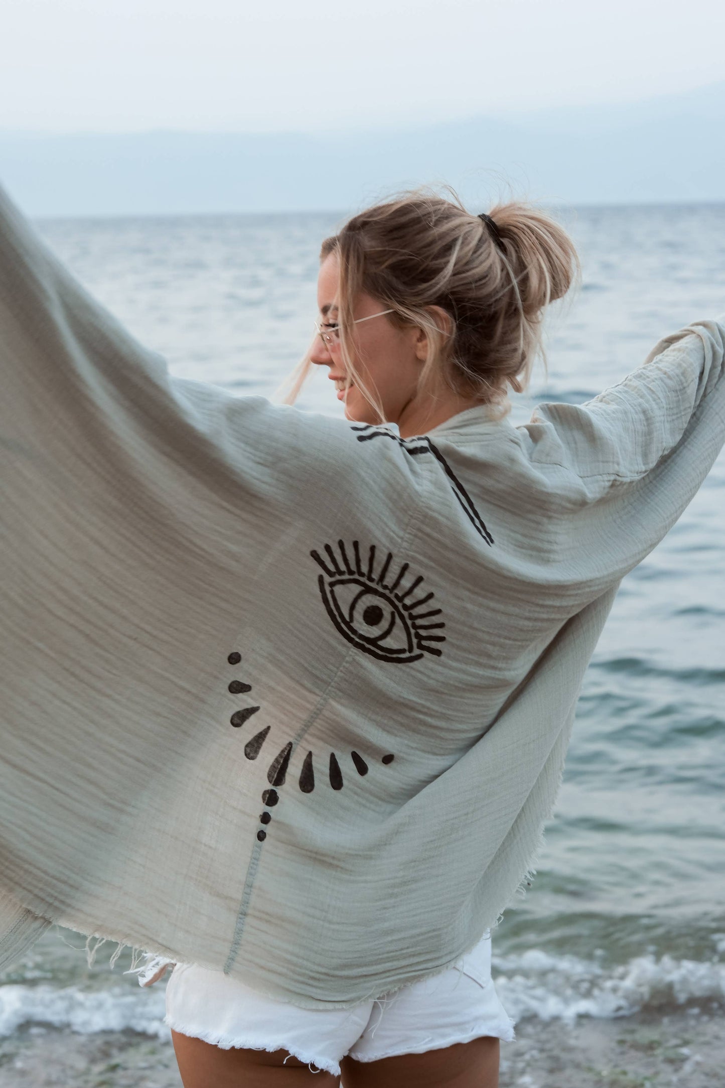 Green Evil Eye Muslin Kimono Robe / Poncho