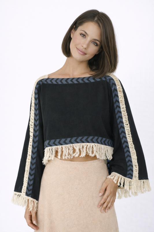 Long Sleeve Crop Top with Fringe (Black)