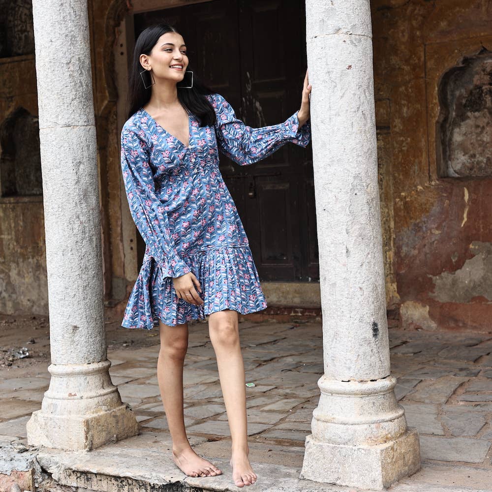 Block Printed Cotton Ruffle Sleeve Dress (Avni)