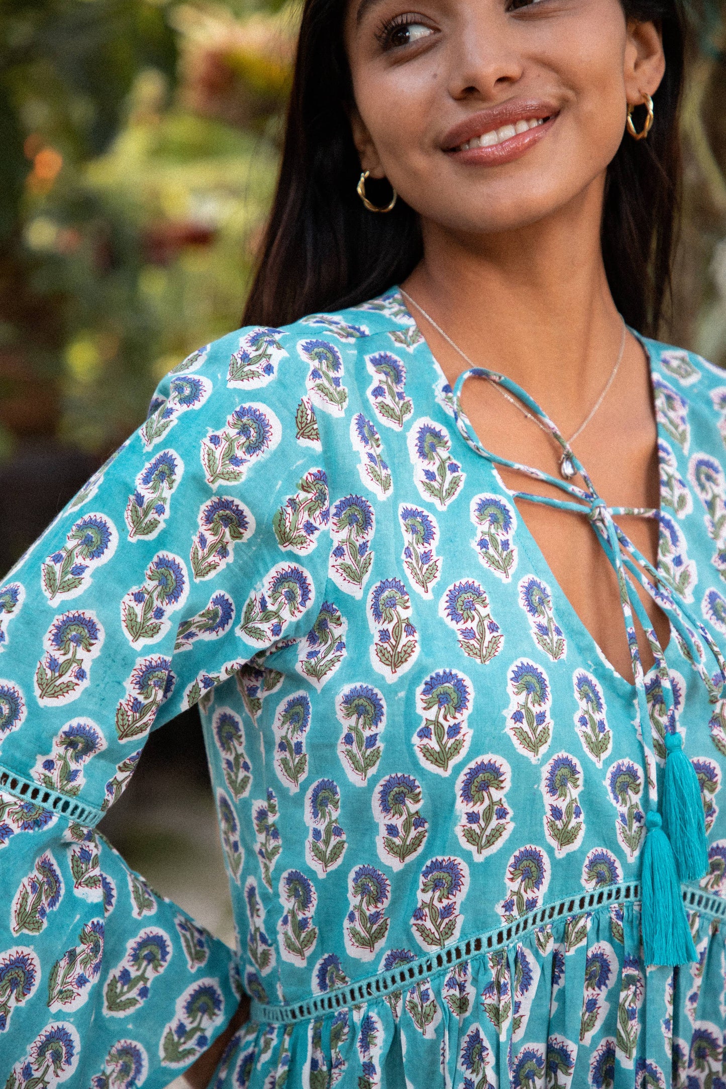 Block Printed Flared Sleeve Mini-Dress with Lace (Manah)